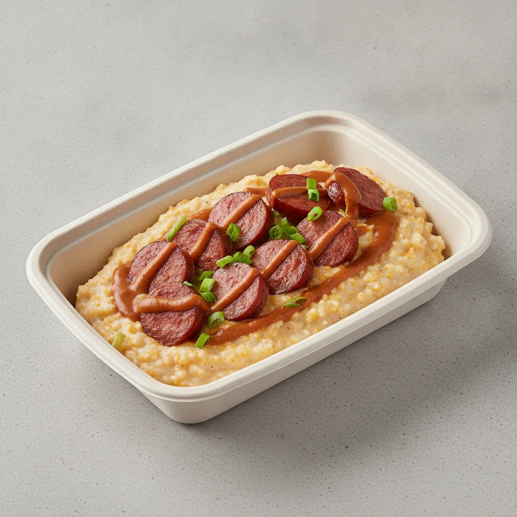Triple Cheddar Garlic Grits Box - Green Onion , Andouille Sausage , Smoky Tom. Creole (Seasoned Cream)