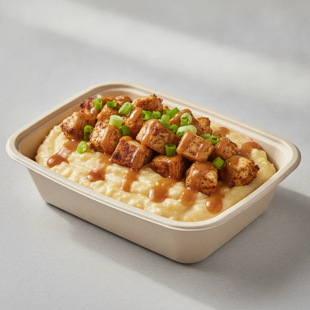 Triple Cheddar Garlic Grits Box - Green Onion , Moroccan Chicken , Honey Garlic Sauce