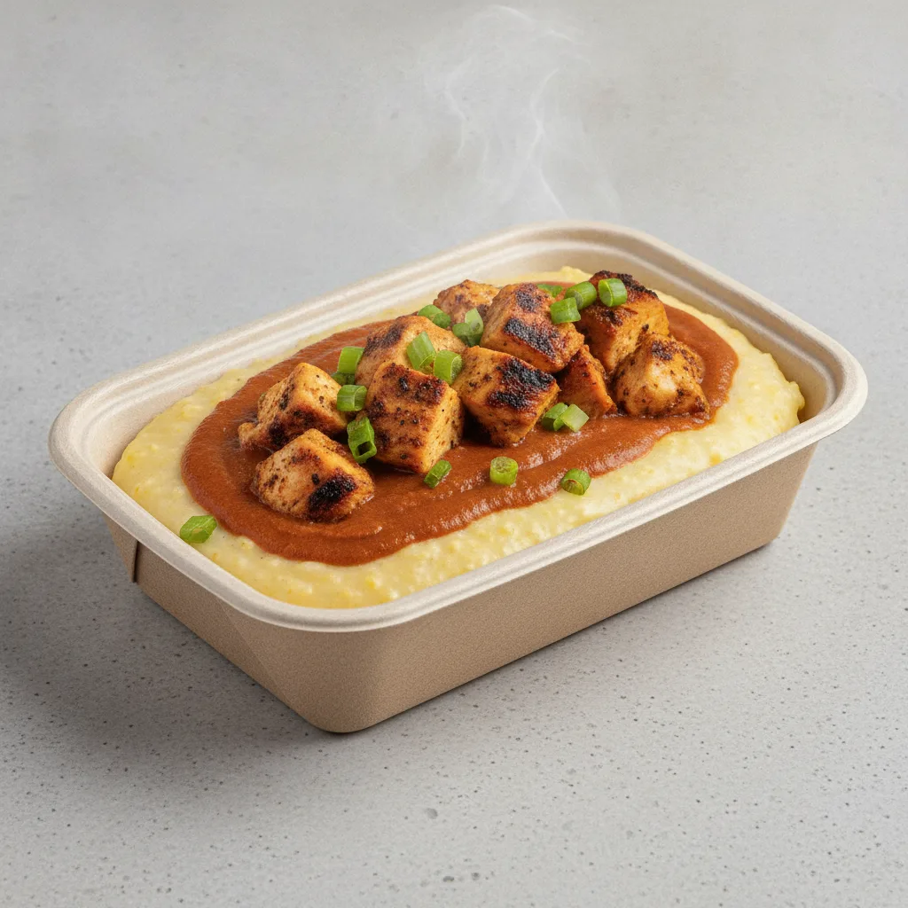 Triple Cheddar Garlic Grits Box - Green Onion , Moroccan Chicken , Smoky Tom. Creole (Seasoned Cream)