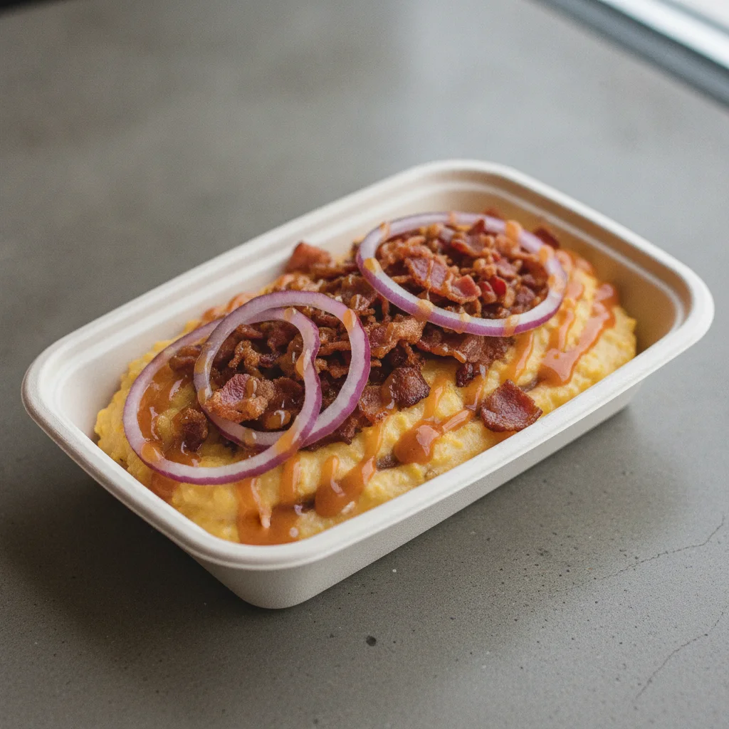 Triple Cheddar Garlic Grits Box - Red Onion , Bacon , Honey Garlic Sauce
