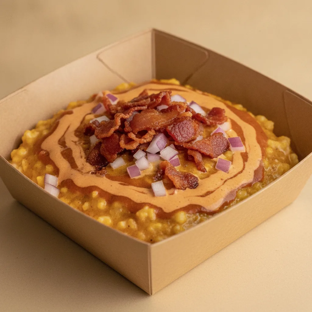 Triple Cheddar Garlic Grits Box - Red Onion , Bacon , Smoky Tom. Creole (Seasoned Cream)