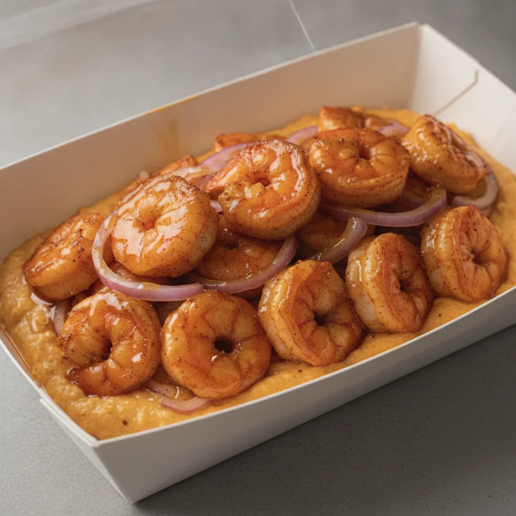 Triple Cheddar Garlic Grits Box - Red Onion , Adobo Shrimp , Honey Garlic Sauce