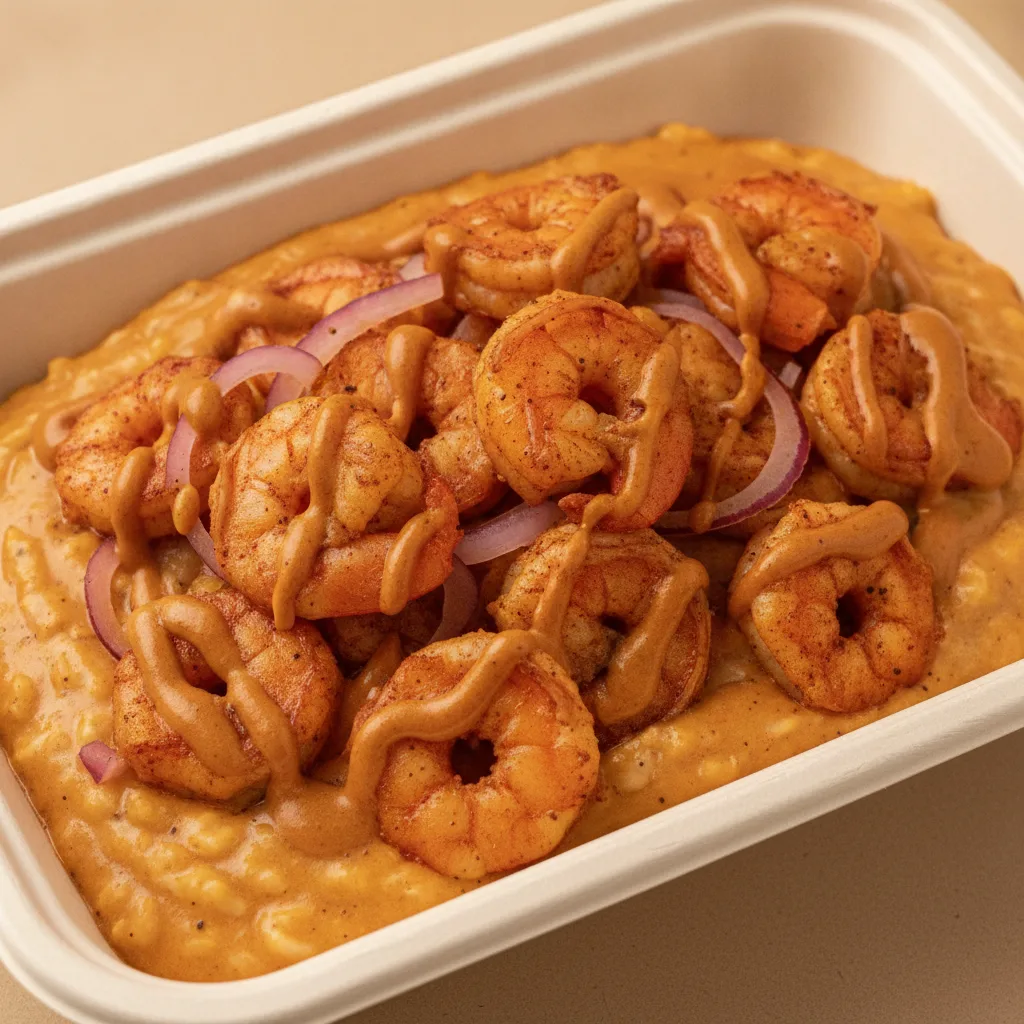 Triple Cheddar Garlic Grits Box - Red Onion , Adobo Shrimp , Smoky Tom. Creole (Seasoned Cream)