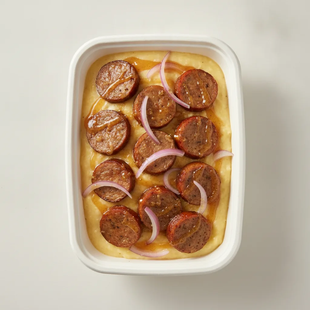 Triple Cheddar Garlic Grits Box - Red Onion , Chicken Sausage , Honey Garlic Sauce