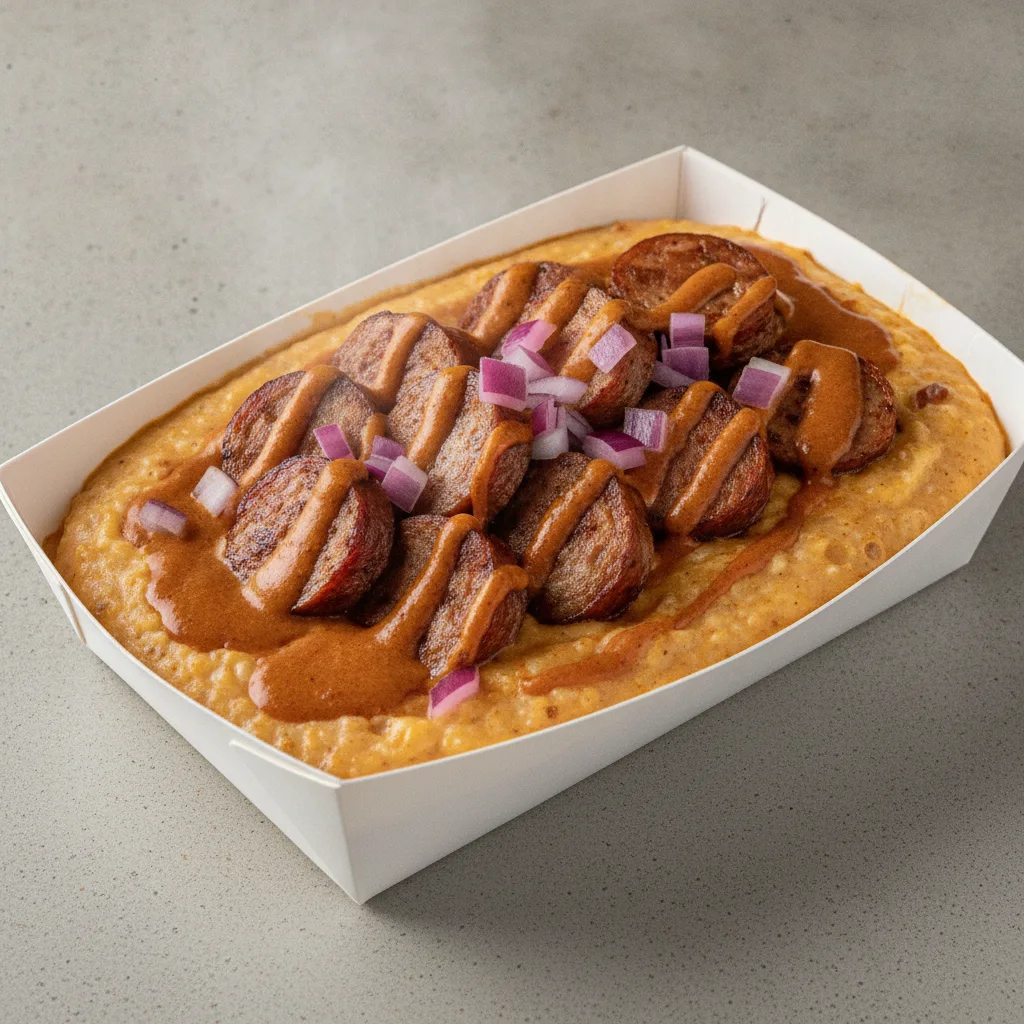 Triple Cheddar Garlic Grits Box - Red Onion , Chicken Sausage , Smoky Tom. Creole (Seasoned Cream)