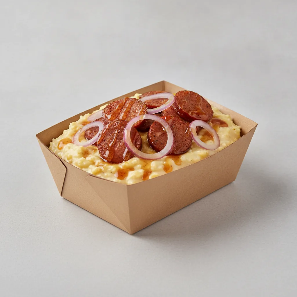 Triple Cheddar Garlic Grits Box - Red Onion , Andouille Sausage , Honey Garlic Sauce