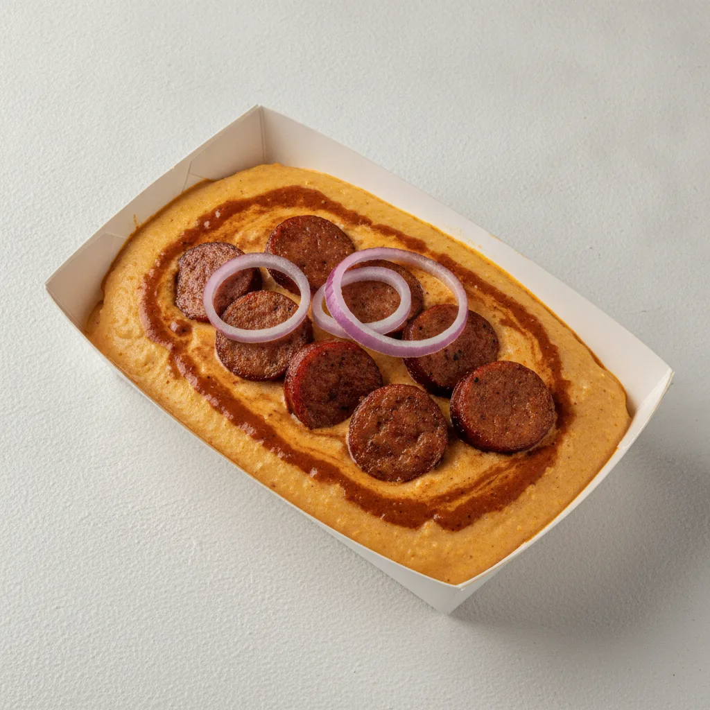 Triple Cheddar Garlic Grits Box - Red Onion , Andouille Sausage , Smoky Tom. Creole (Seasoned Cream)