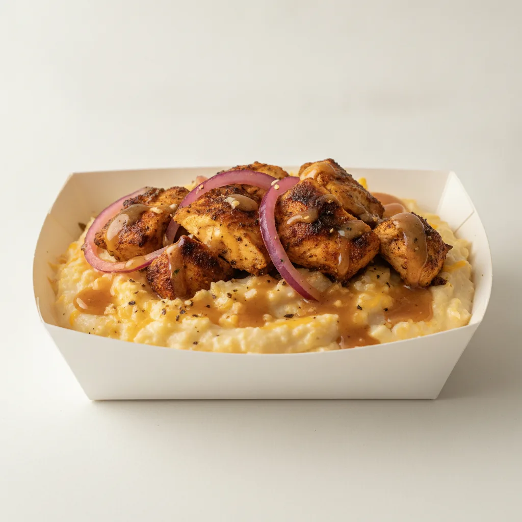 Triple Cheddar Garlic Grits Box - Red Onion , Moroccan Chicken , Honey Garlic Sauce