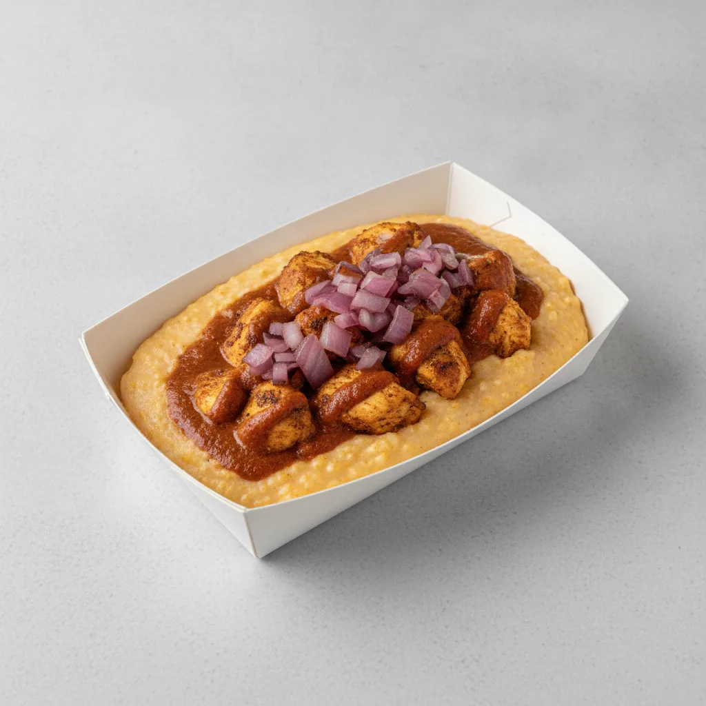 Triple Cheddar Garlic Grits Box - Red Onion , Moroccan Chicken , Smoky Tom. Creole (Seasoned Cream)