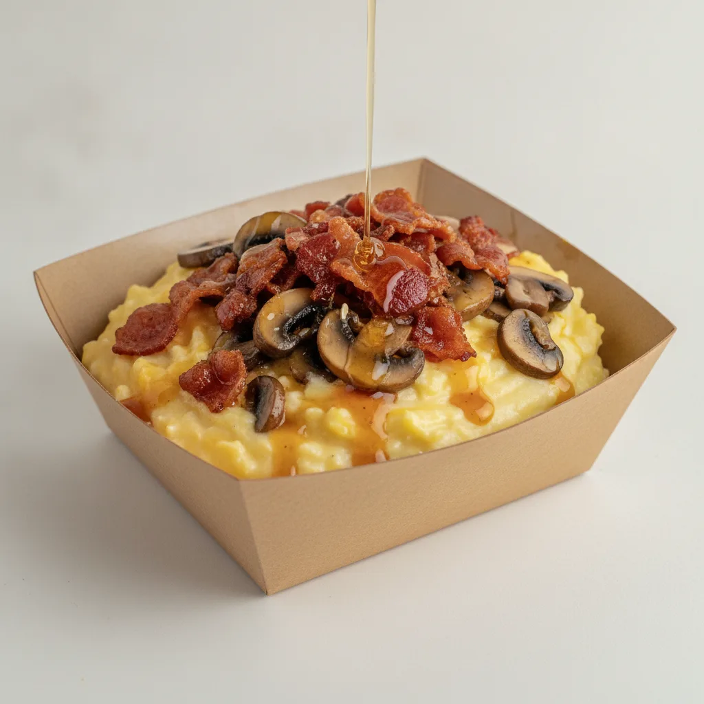 Triple Cheddar Garlic Grits Box - Mushrooms , Bacon , Honey Garlic Sauce