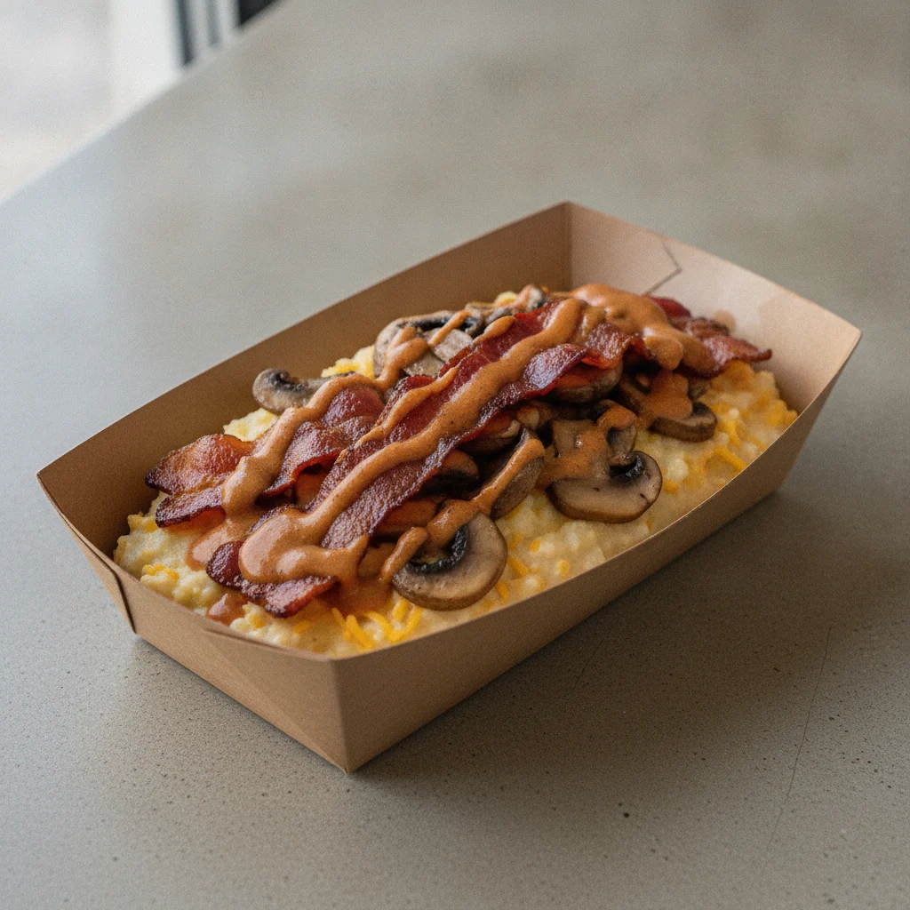 Triple Cheddar Garlic Grits Box - Mushrooms , Bacon , Smoky Tom. Creole (Seasoned Cream)