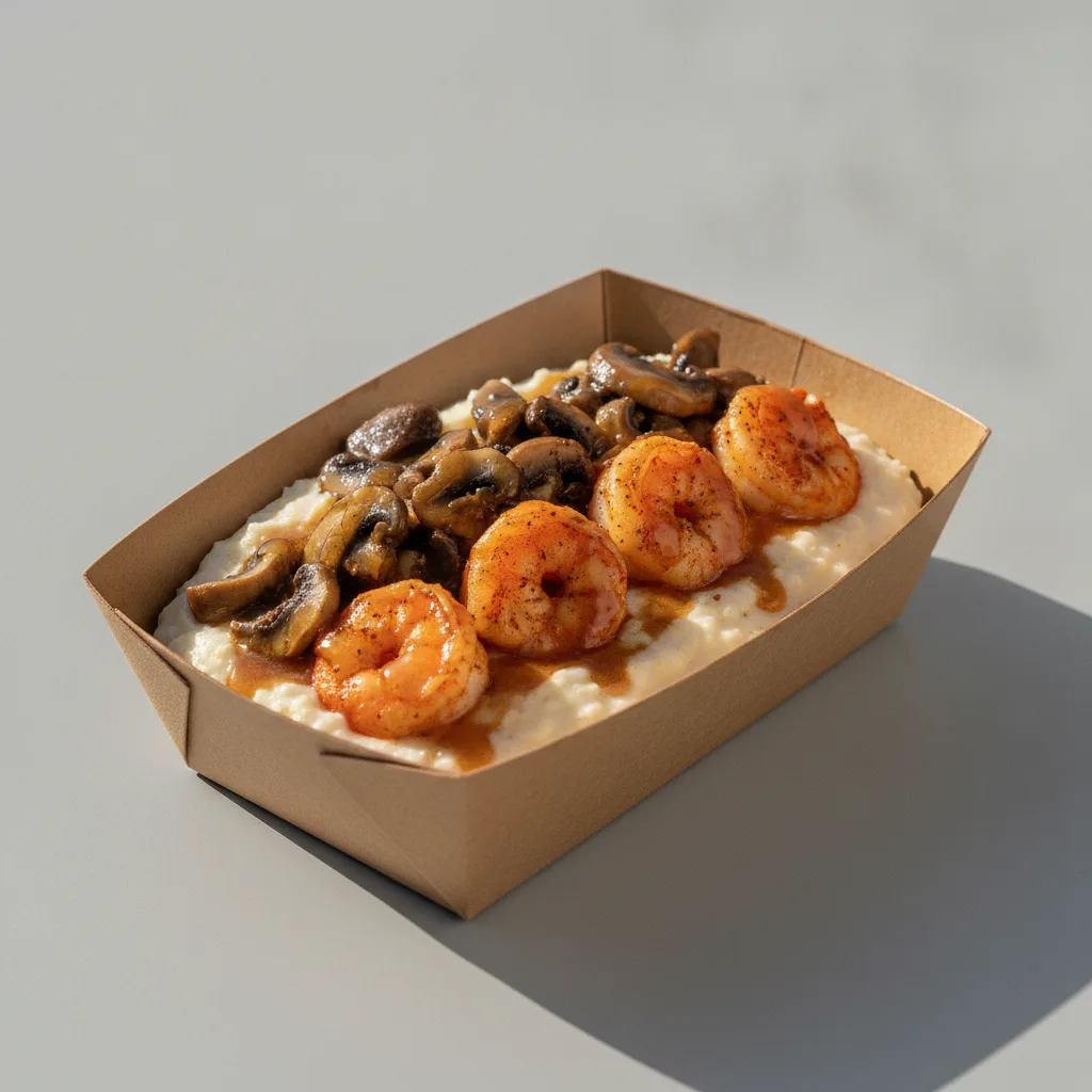 Triple Cheddar Garlic Grits Box - Mushrooms , Adobo Shrimp , Honey Garlic Sauce