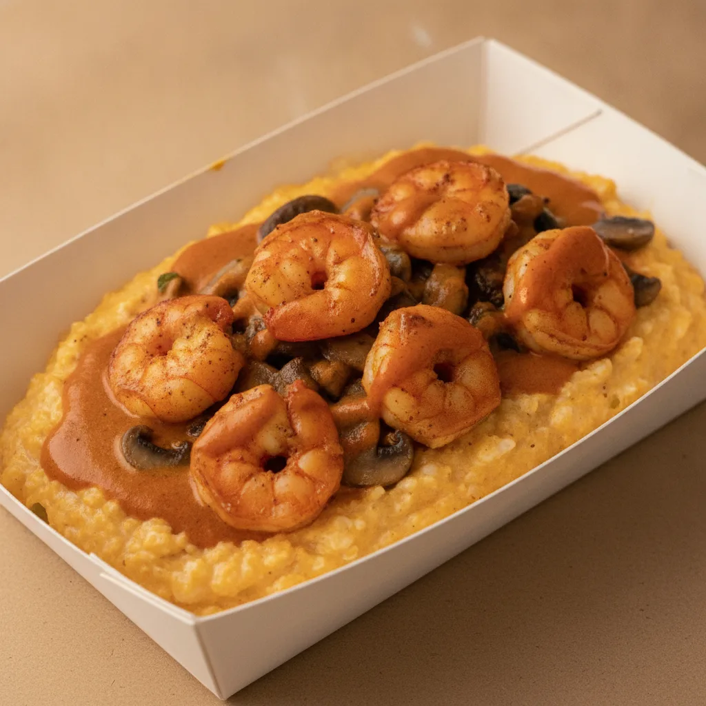 Triple Cheddar Garlic Grits Box - Mushrooms , Adobo Shrimp , Smoky Tom. Creole (Seasoned Cream)