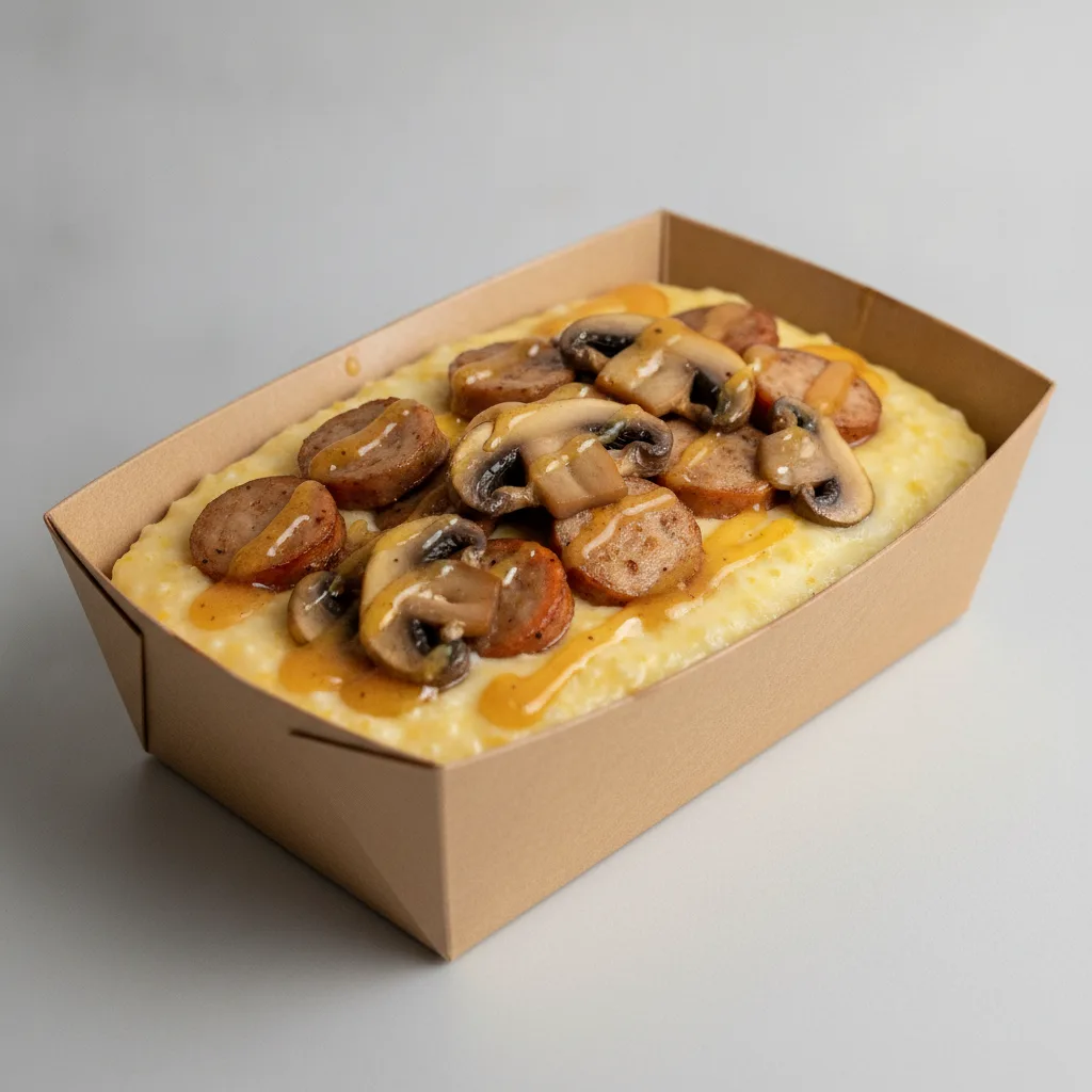 Triple Cheddar Garlic Grits Box - Mushrooms , Chicken Sausage , Honey Garlic Sauce