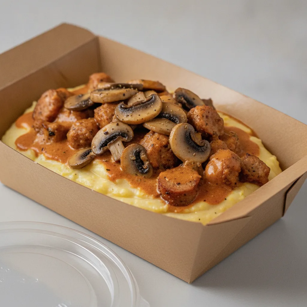Triple Cheddar Garlic Grits Box - Mushrooms , Chicken Sausage , Smoky Tom. Creole (Seasoned Cream)