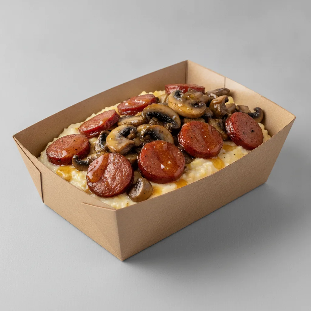 Triple Cheddar Garlic Grits Box - Mushrooms , Andouille Sausage , Honey Garlic Sauce
