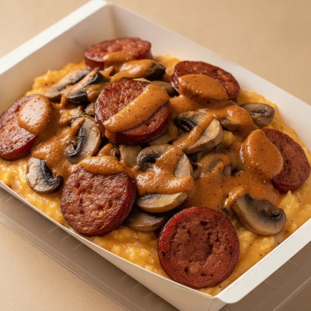Triple Cheddar Garlic Grits Box - Mushrooms , Andouille Sausage , Smoky Tom. Creole (Seasoned Cream)