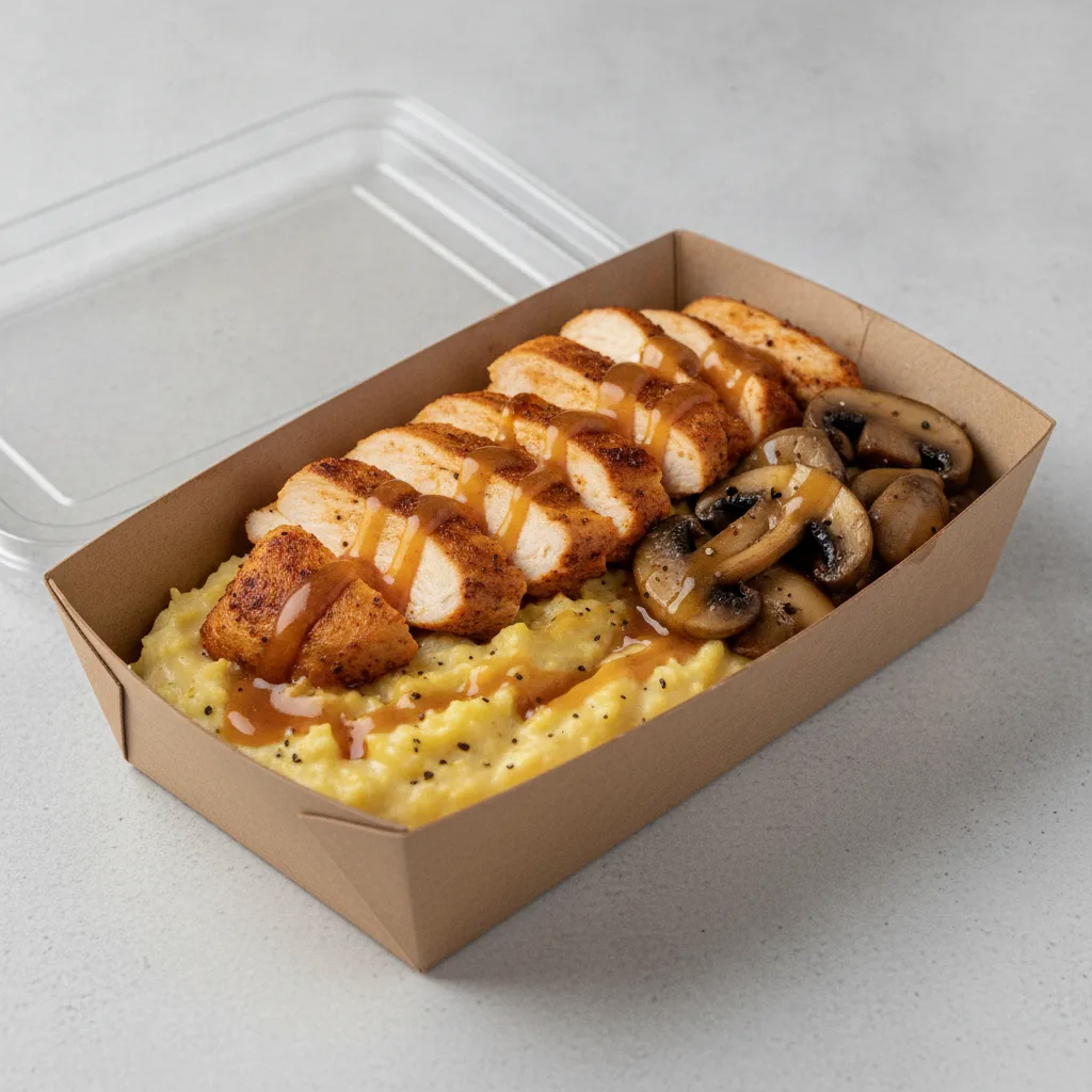 Triple Cheddar Garlic Grits Box - Mushrooms , Moroccan Chicken , Honey Garlic Sauce
