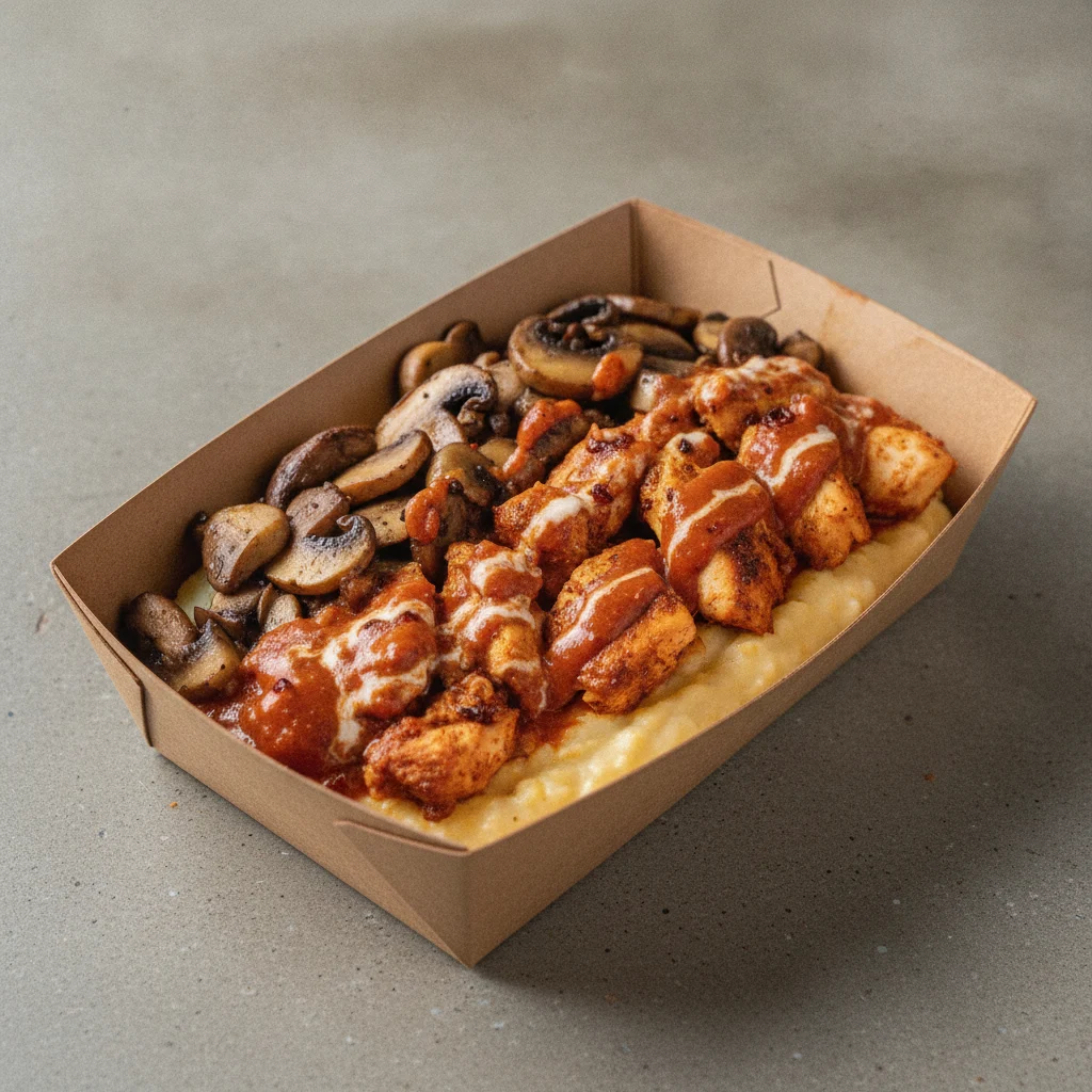 Triple Cheddar Garlic Grits Box - Mushrooms , Moroccan Chicken , Smoky Tom. Creole (Seasoned Cream)