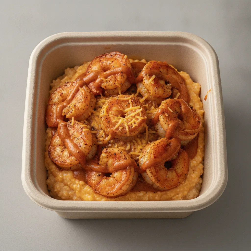 Triple Cheddar Garlic Grits Box - Cheddar Cheese , Adobo Shrimp , Smoky Tom. Creole (Seasoned Cream)