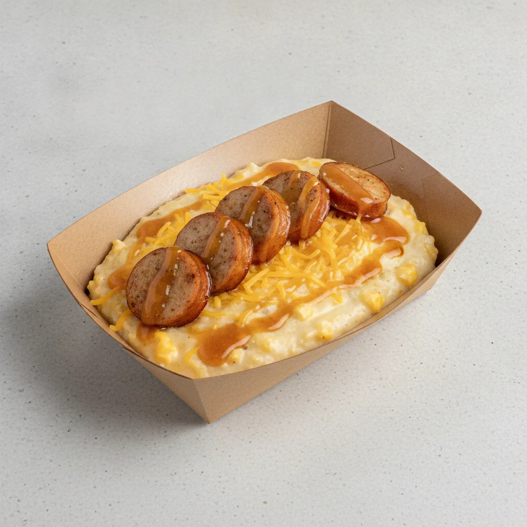 Triple Cheddar Garlic Grits Box - Cheddar Cheese , Chicken Sausage , Honey Garlic Sauce