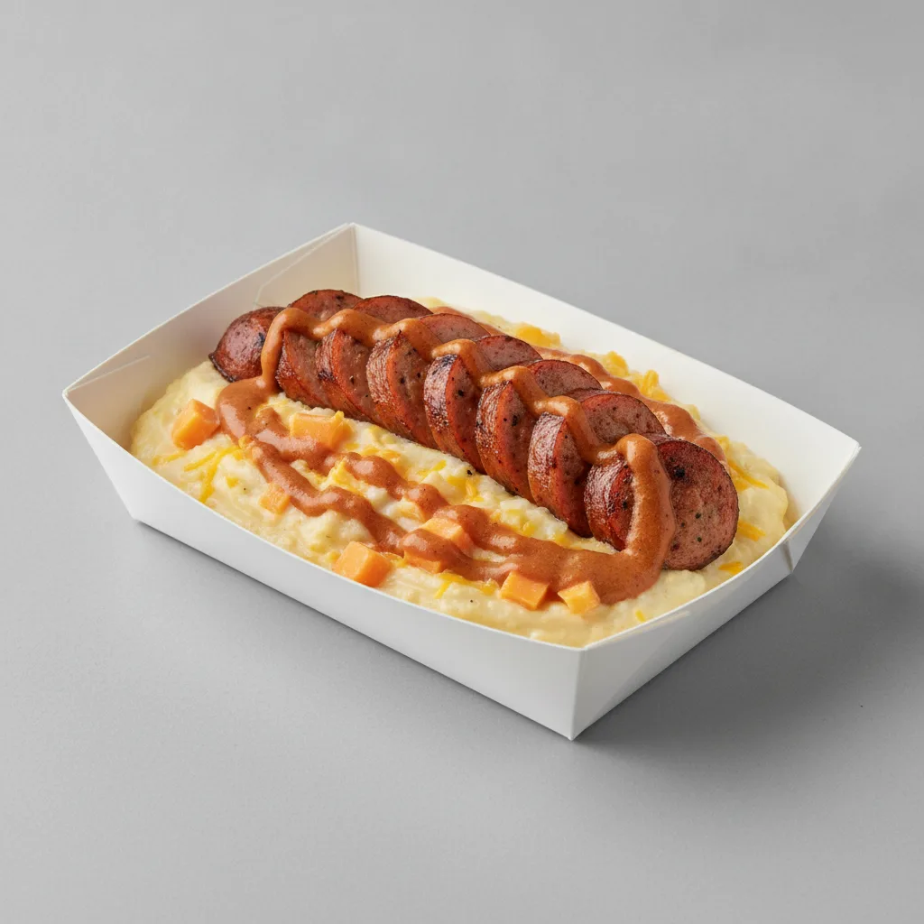 Triple Cheddar Garlic Grits Box - Cheddar Cheese , Chicken Sausage , Smoky Tom. Creole (Seasoned Cream)