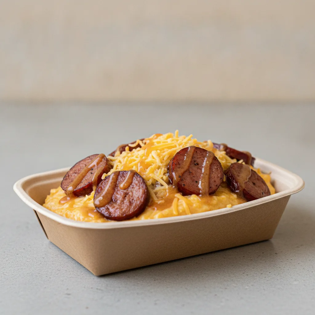 Triple Cheddar Garlic Grits Box - Cheddar Cheese , Andouille Sausage , Honey Garlic Sauce
