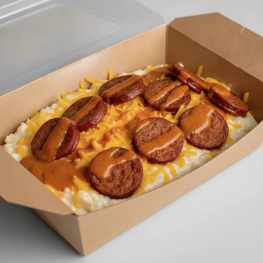 Triple Cheddar Garlic Grits Box - Cheddar Cheese , Andouille Sausage , Smoky Tom. Creole (Seasoned Cream)