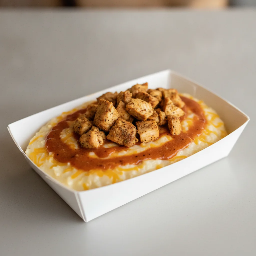 Triple Cheddar Garlic Grits Box - Cheddar Cheese , Moroccan Chicken , Smoky Tom. Creole (Seasoned Cream)