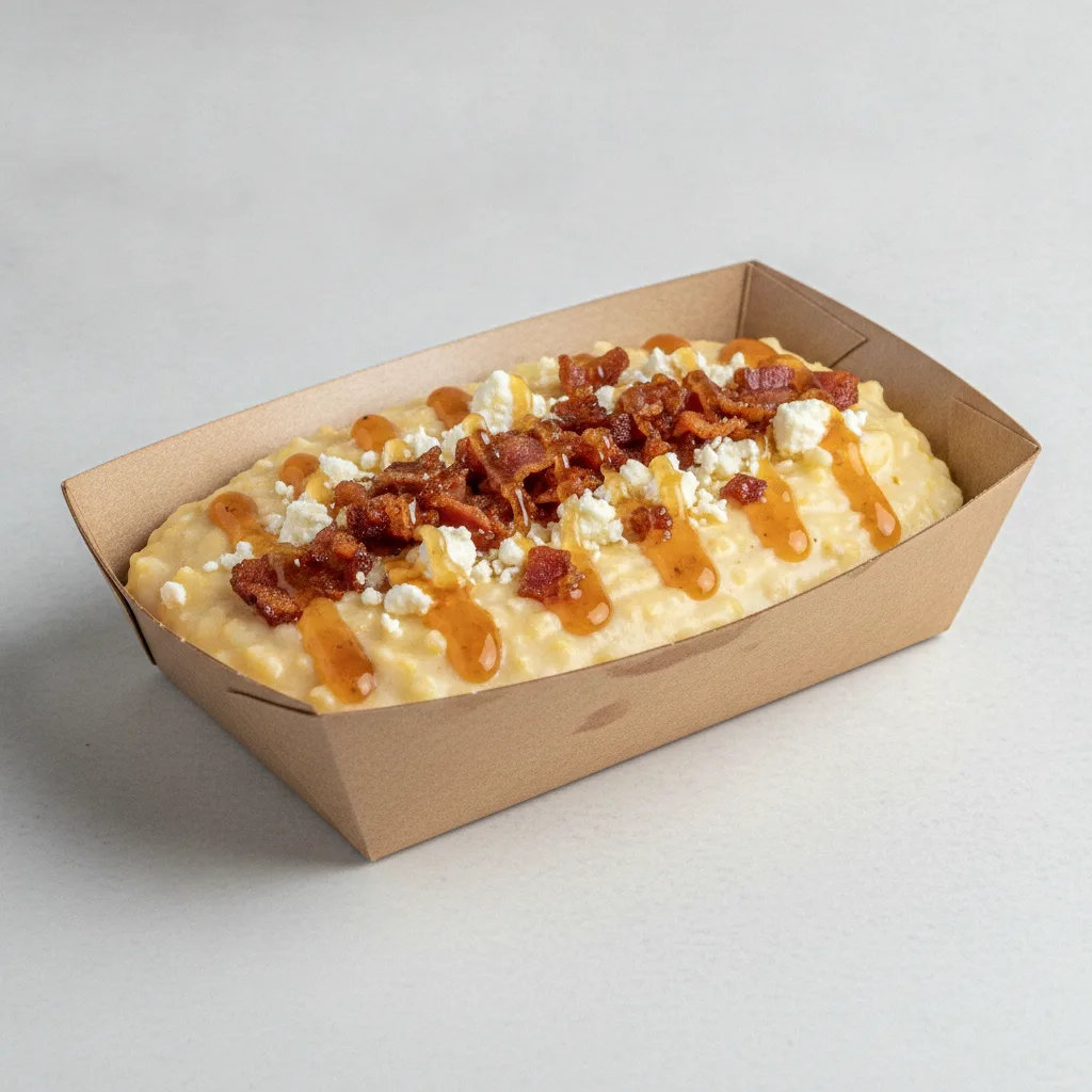 Triple Cheddar Garlic Grits Box - Feta Cheese , Bacon , Honey Garlic Sauce