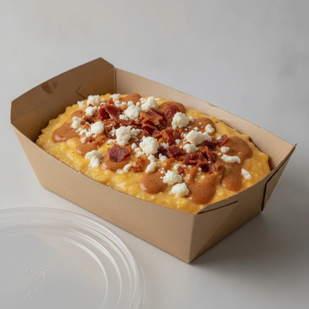 Triple Cheddar Garlic Grits Box - Feta Cheese , Bacon , Smoky Tom. Creole (Seasoned Cream)