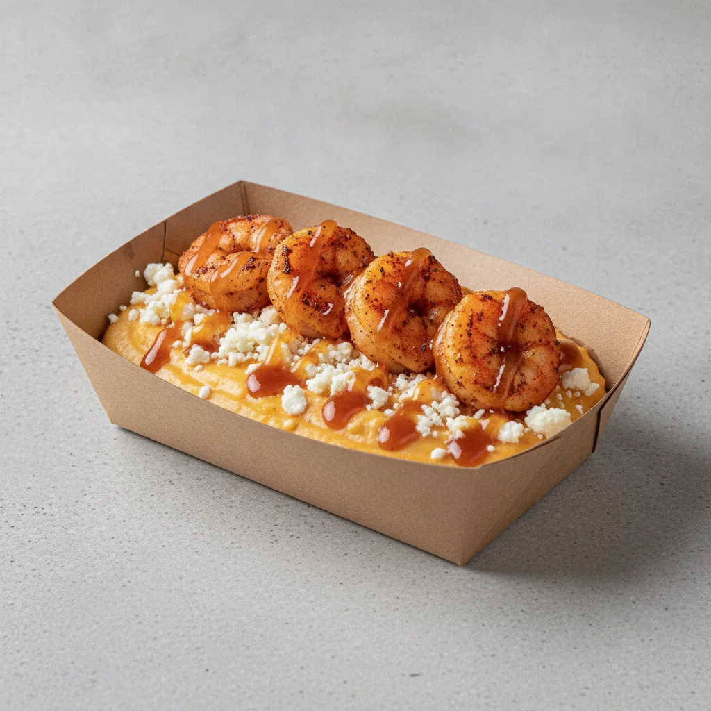 Triple Cheddar Garlic Grits Box - Feta Cheese , Adobo Shrimp , Honey Garlic Sauce