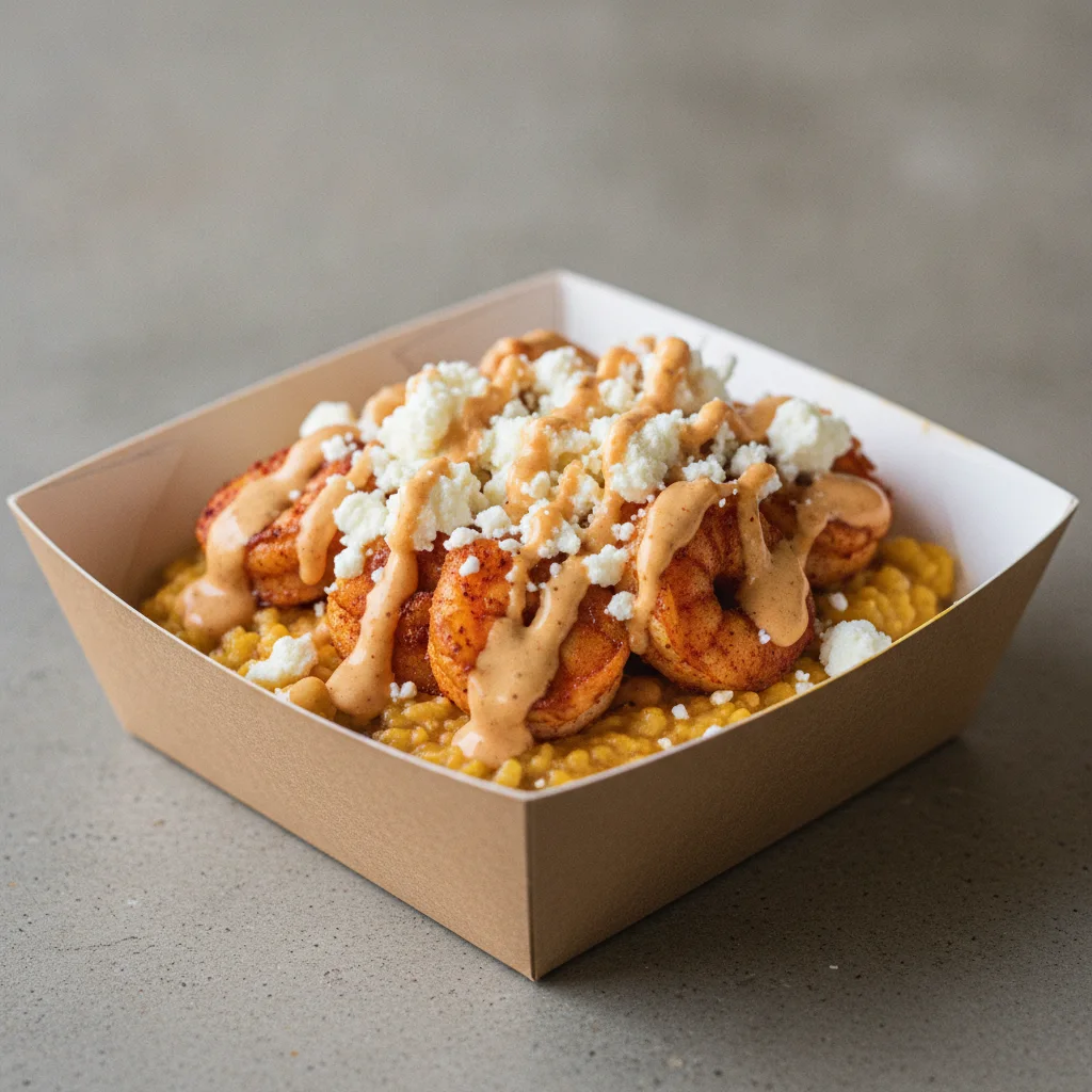 Triple Cheddar Garlic Grits Box - Feta Cheese , Adobo Shrimp , Smoky Tom. Creole (Seasoned Cream)
