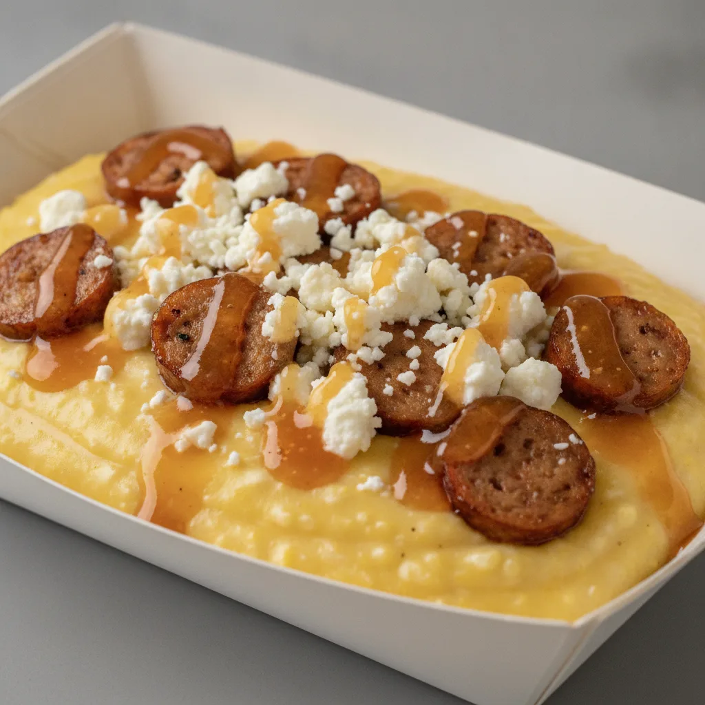 Triple Cheddar Garlic Grits Box - Feta Cheese , Chicken Sausage , Honey Garlic Sauce