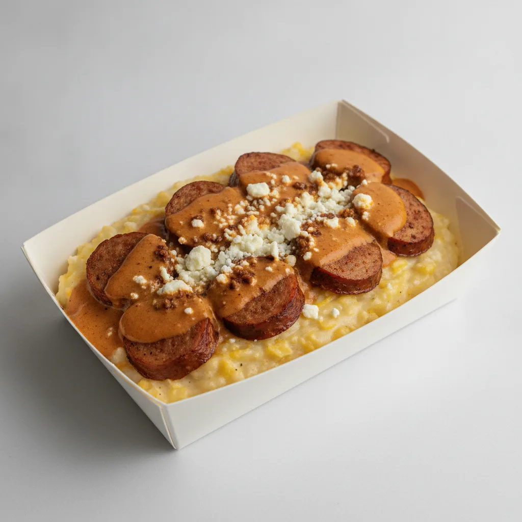 Triple Cheddar Garlic Grits Box - Feta Cheese , Chicken Sausage , Smoky Tom. Creole (Seasoned Cream)