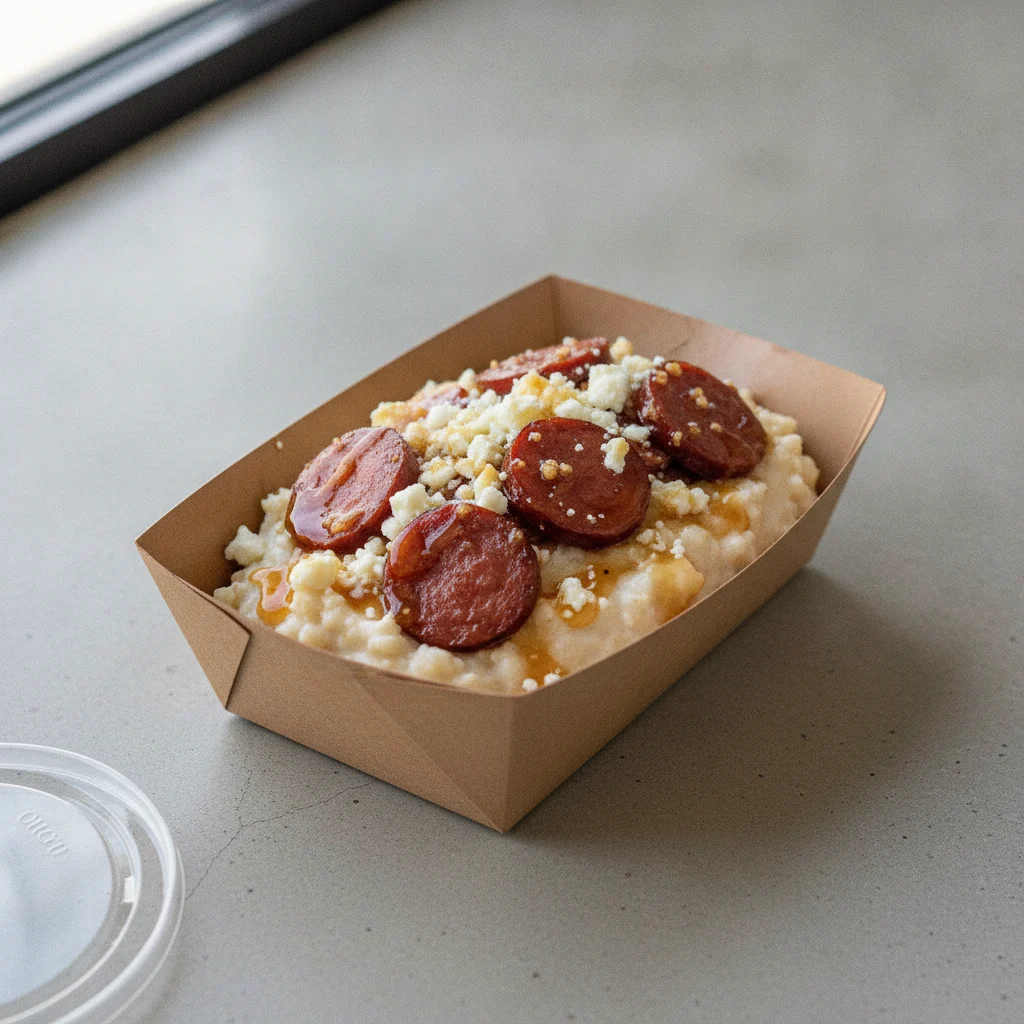 Triple Cheddar Garlic Grits Box - Feta Cheese , Andouille Sausage , Honey Garlic Sauce