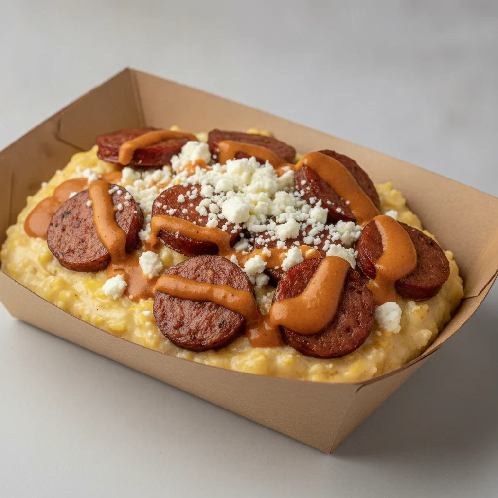 Triple Cheddar Garlic Grits Box - Feta Cheese , Andouille Sausage , Smoky Tom. Creole (Seasoned Cream)