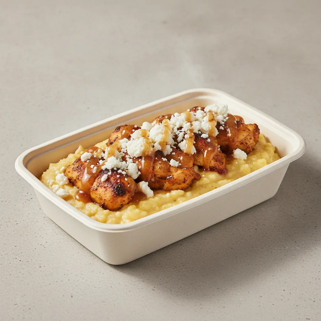 Triple Cheddar Garlic Grits Box - Feta Cheese , Moroccan Chicken , Honey Garlic Sauce