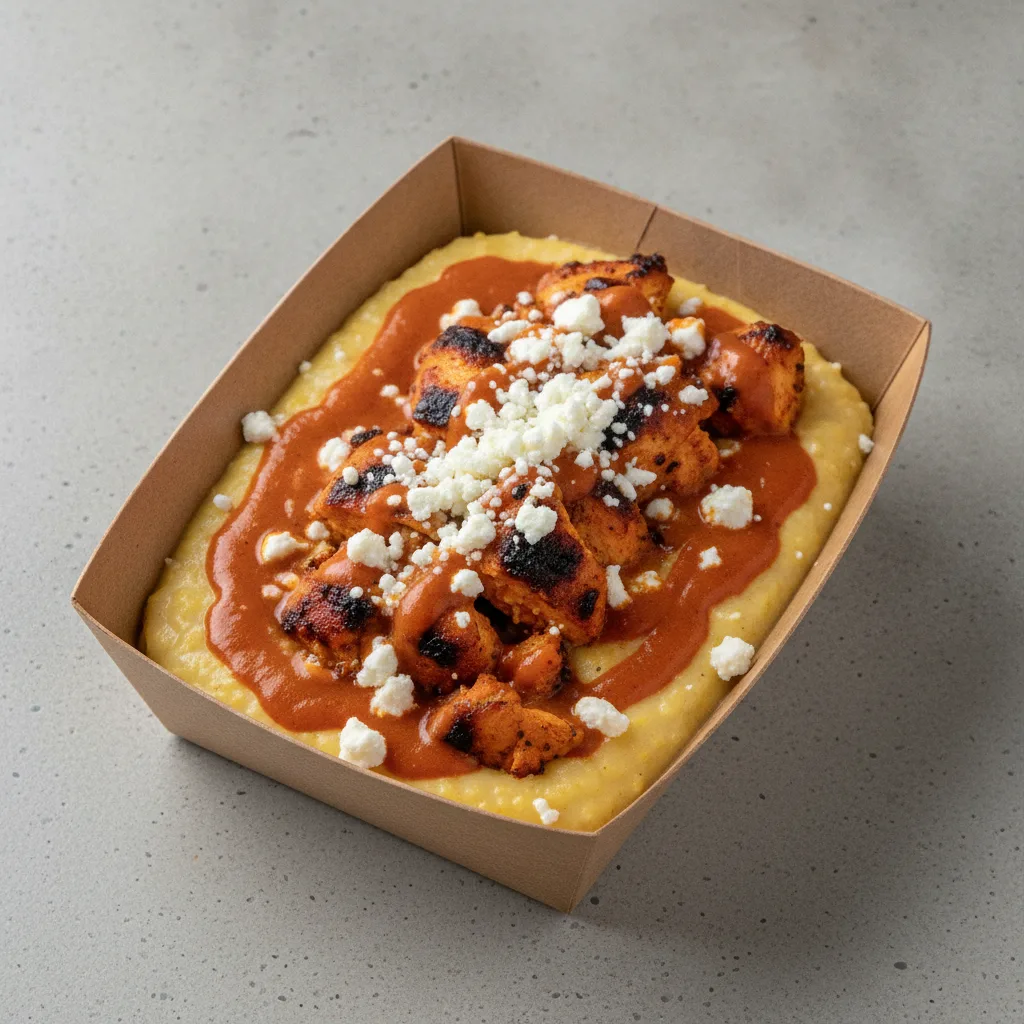 Triple Cheddar Garlic Grits Box - Feta Cheese , Moroccan Chicken , Smoky Tom. Creole (Seasoned Cream)