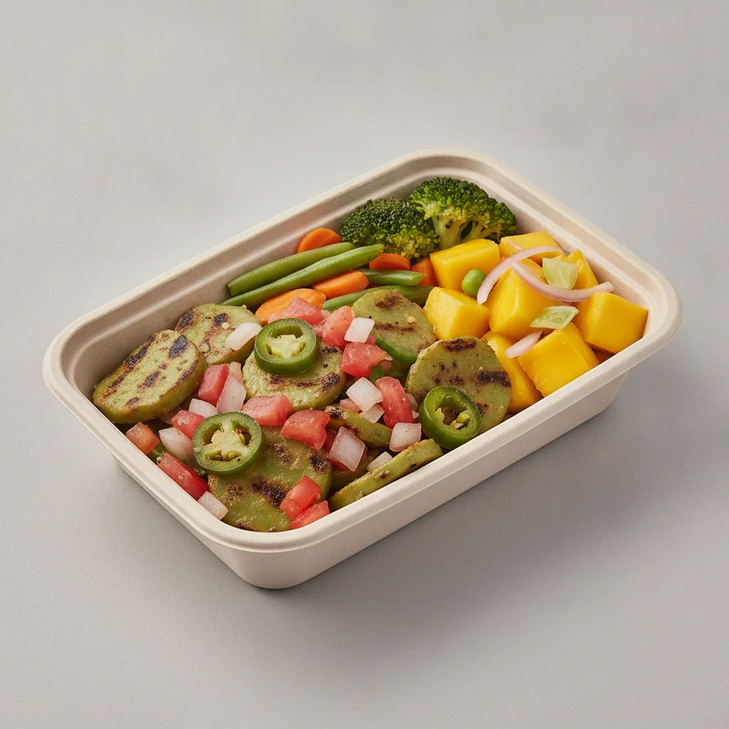 Nopales a La Mexicana Box - Steamed Veggies / Mango Salad Nopales a La Mexicana Box - Steamed Veggies / Mango Salad