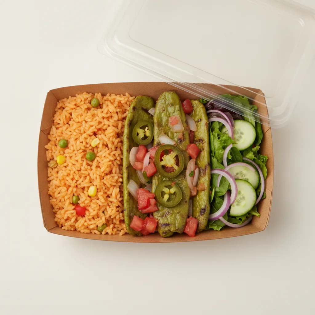 Nopales a La Mexicana Box - Mexican Rice / Green Salad Nopales a La Mexicana Box - Mexican Rice / Green Salad