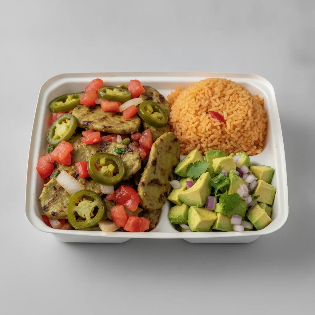 Nopales a La Mexicana Box - Mexican Rice / Avocado Salad Nopales a La Mexicana Box - Mexican Rice / Avocado Salad