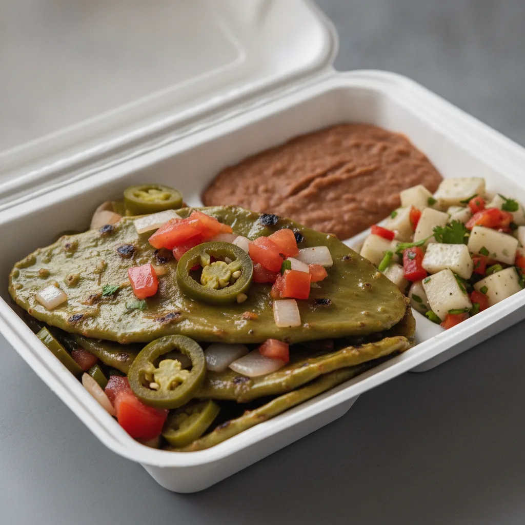 Nopales a La Mexicana Box with Refried Beans / Nopalitos Salad Nopales a La Mexicana Box with Refried Beans / Nopalitos Salad