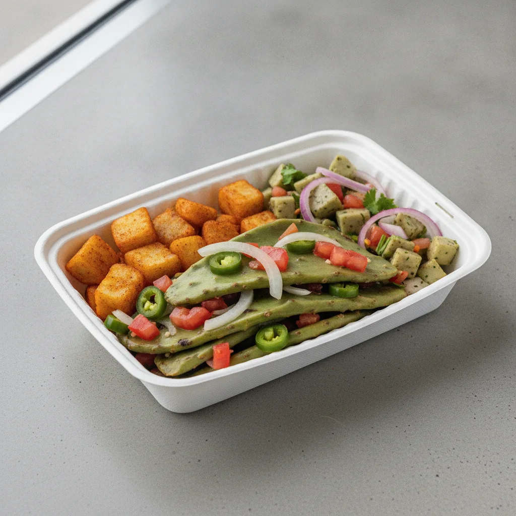 Nopales a La Mexicana Box with Home Fries / Nopalitos Salad Nopales a La Mexicana Box with Home Fries / Nopalitos Salad