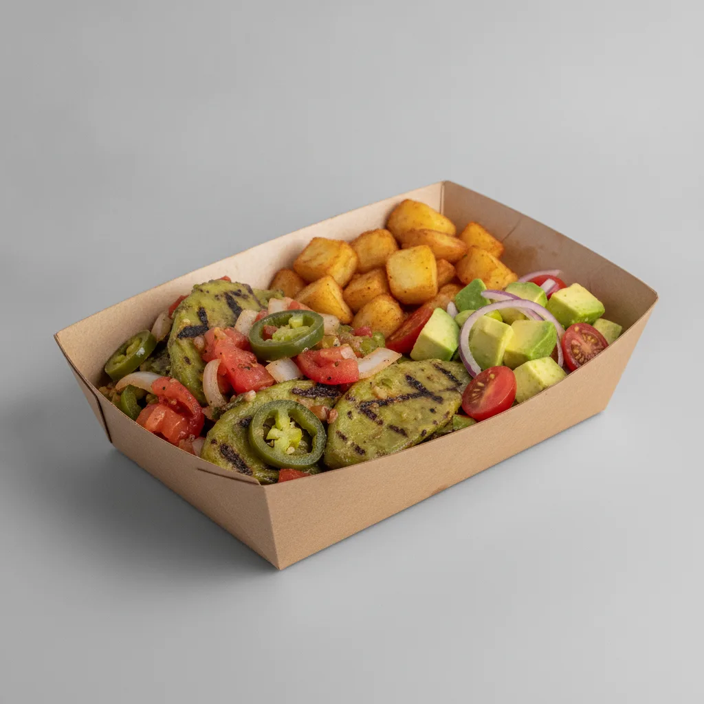 Nopales a La Mexicana Box with Home Fries / Avocado Salad Nopales a La Mexicana Box with Home Fries / Avocado Salad