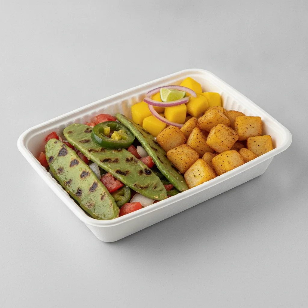 Nopales a La Mexicana Box with Home Fries / Mango Salad Nopales a La Mexicana Box with Home Fries / Mango Salad