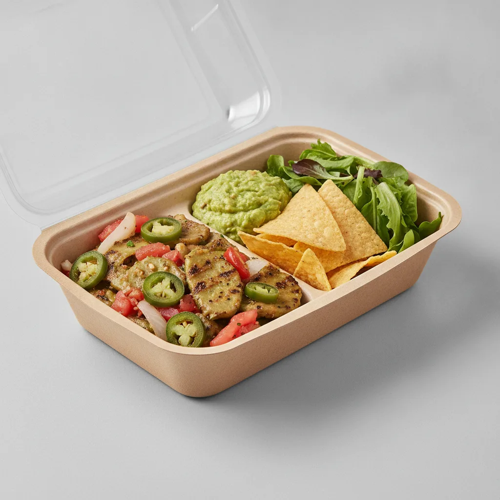 Nopales a La Mexicana Box with Guacamole and Chips / Green Salad Nopales a La Mexicana Box with Guacamole and Chips / Green Salad