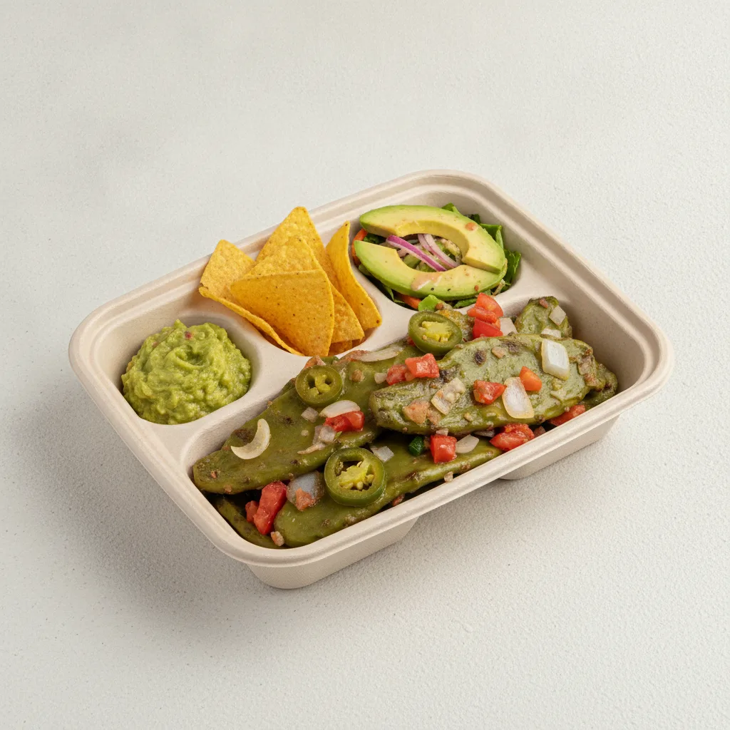 Nopales a La Mexicana Box with Guacamole and Chips / Avocado Salad Nopales a La Mexicana Box with Guacamole and Chips / Avocado Salad