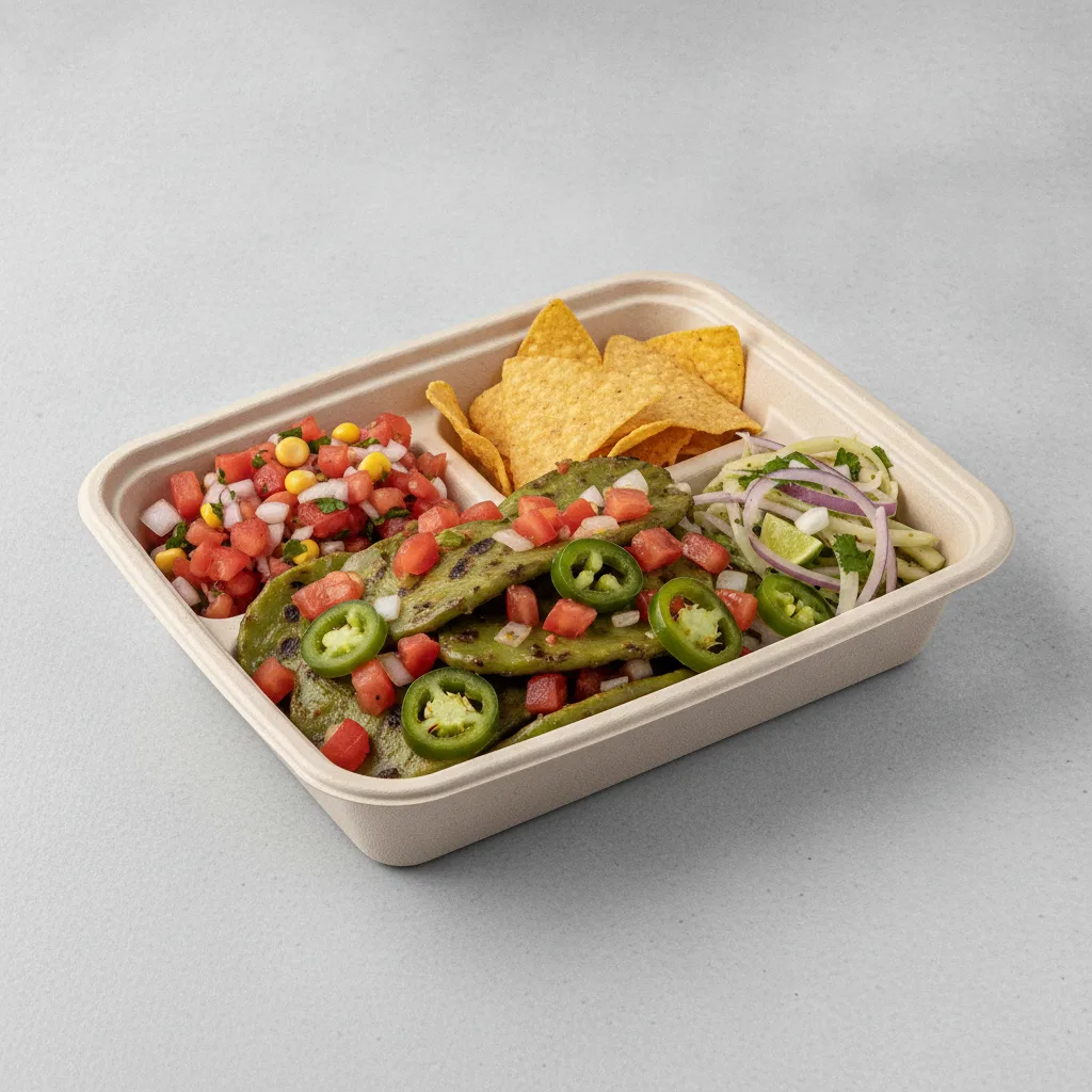 Nopales a La Mexicana Box with Pico and Chips / Nopalitos Salad Nopales a La Mexicana Box with Pico and Chips / Nopalitos Salad