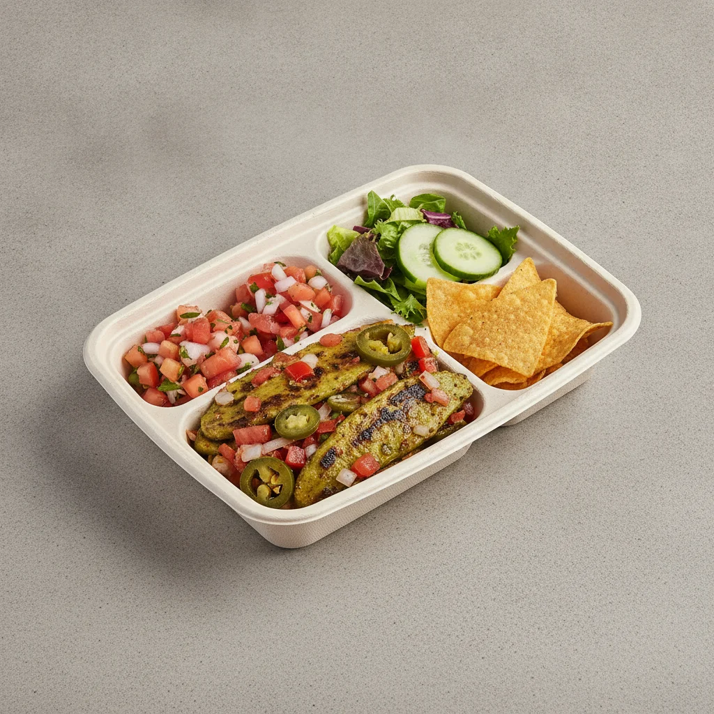 Nopales a La Mexicana Box with Pico and Chips / Green Salad Nopales a La Mexicana Box with Pico and Chips / Green Salad